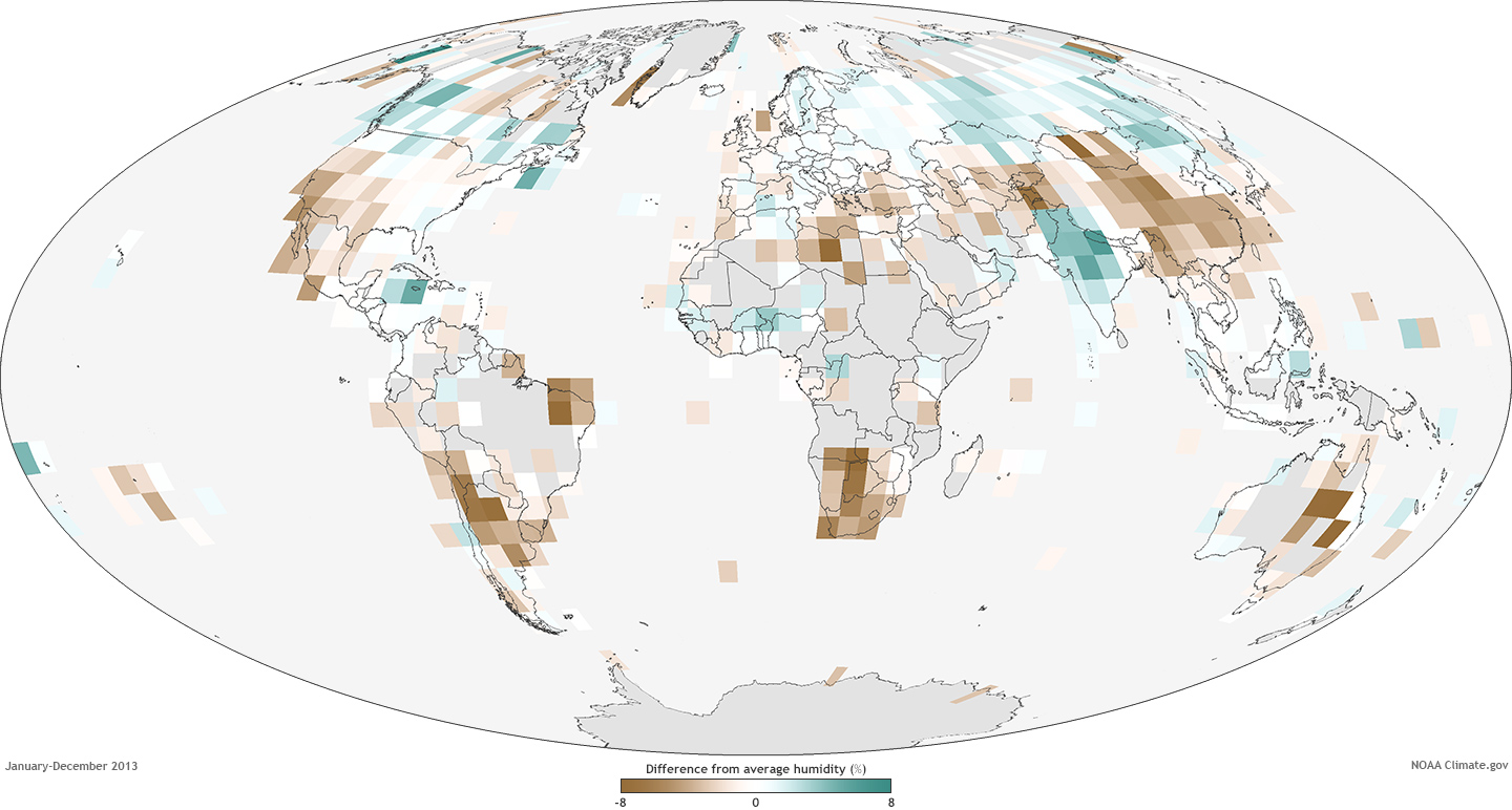 Global map of relative humidity over land in 2013 compared to the 1981 to 2010 average