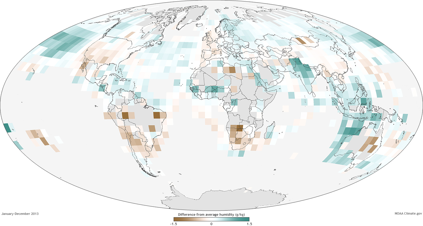 Global map of specific humidity in 2013 compared to the 1981 to 2010 average. 
