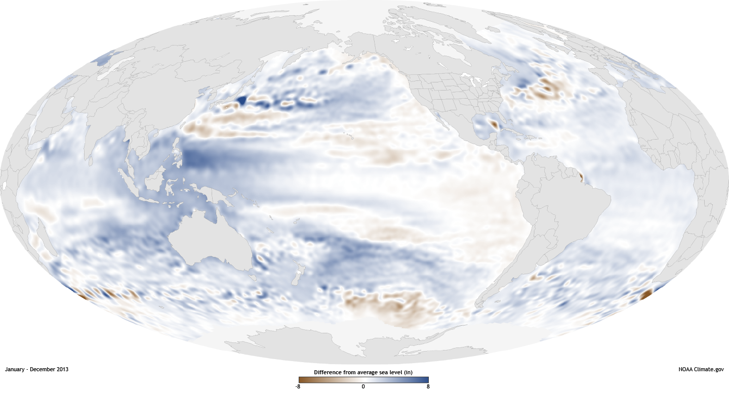 Global map of sea levels in 2013 compared to a long-term average.