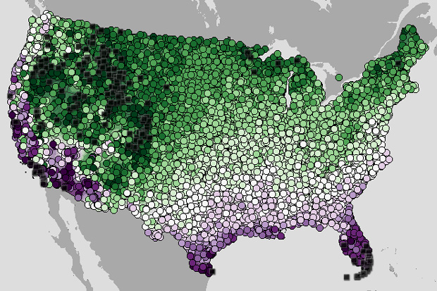 Screenshot of interactive map of the average date of last spring freeze in the contiguous United States