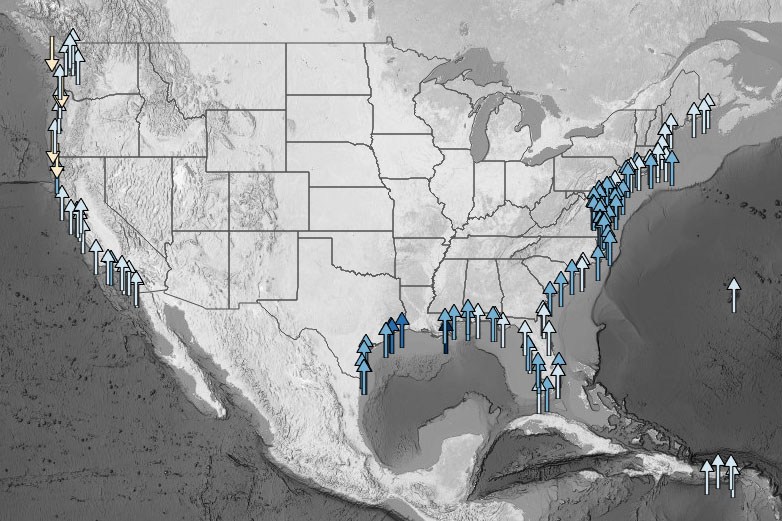 Map of tide stations in the U.S. with arrows showing direction of sea level changes