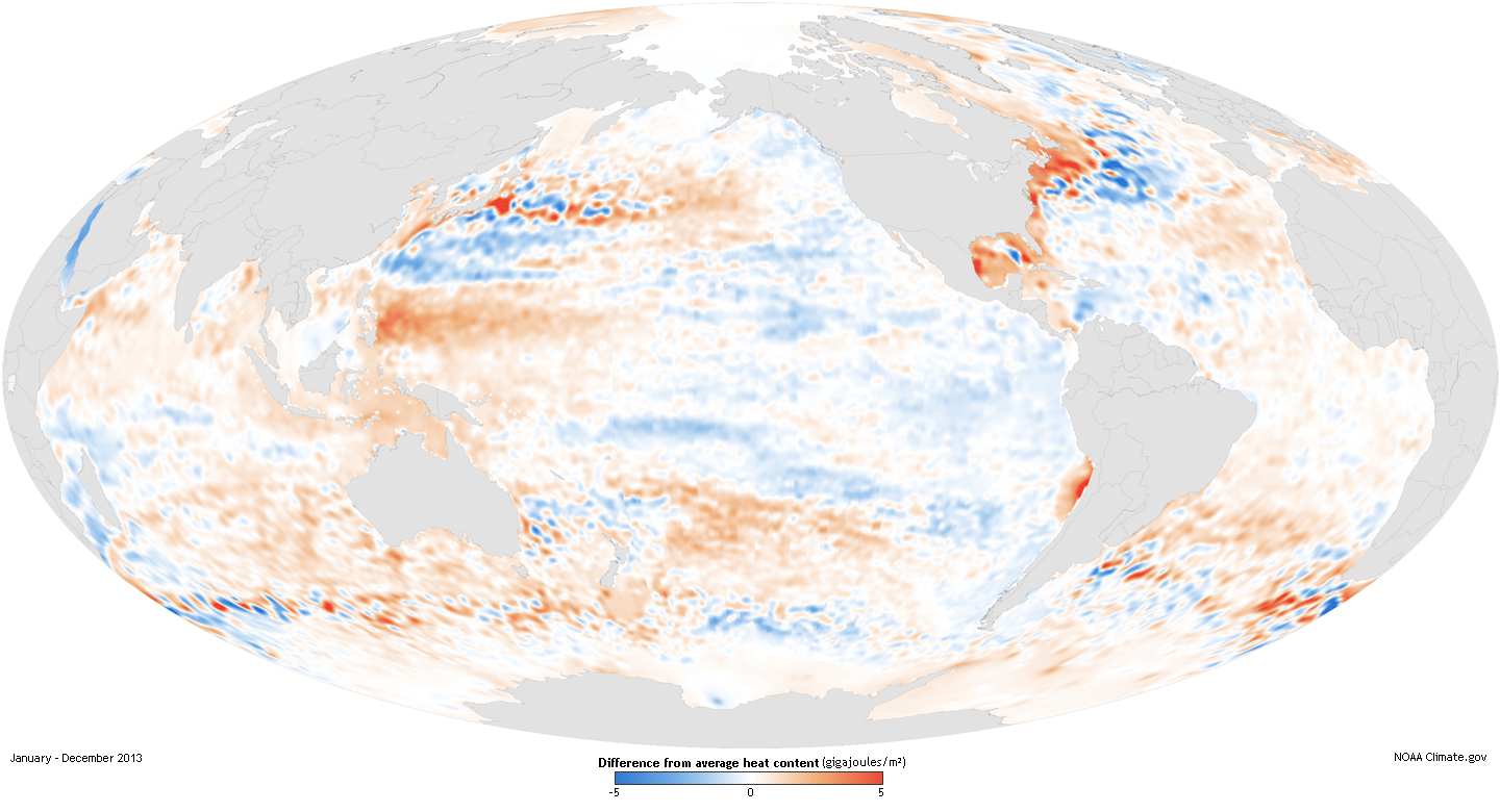 Global map of heat in the top 700m of the ocean in 2013 compared to the 1991 to 2013 average.