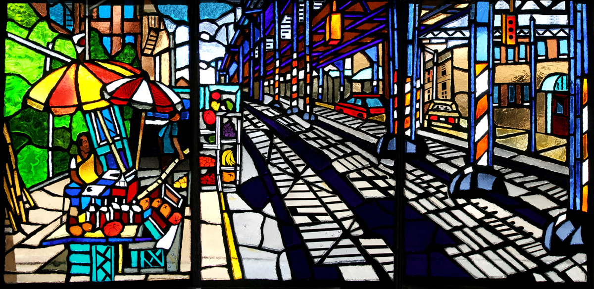 Stained glass window showing mango vendor
