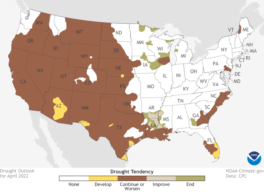 US Drought outlook for April 2022. Brown areas across the west indicate that drought will remain. Yellow areas in Arizona, Colorado and Texas indicate drought to develop. Greener colors in Louisiana and Missouri indicate that drought will improve or be removed.