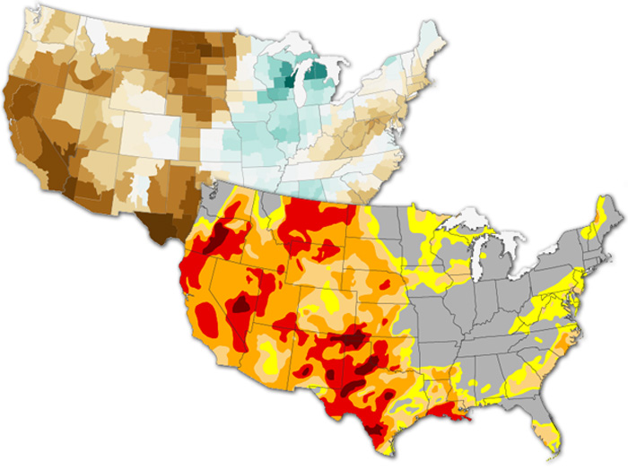 Two small U.S. maps partially overlapping each other showing precipitation and drought conditions in March 2022