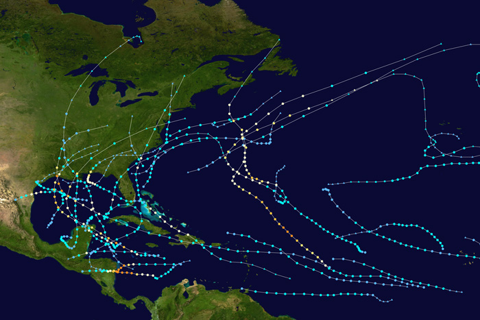 Map of hurricane tracks during 2020 Atlantic season