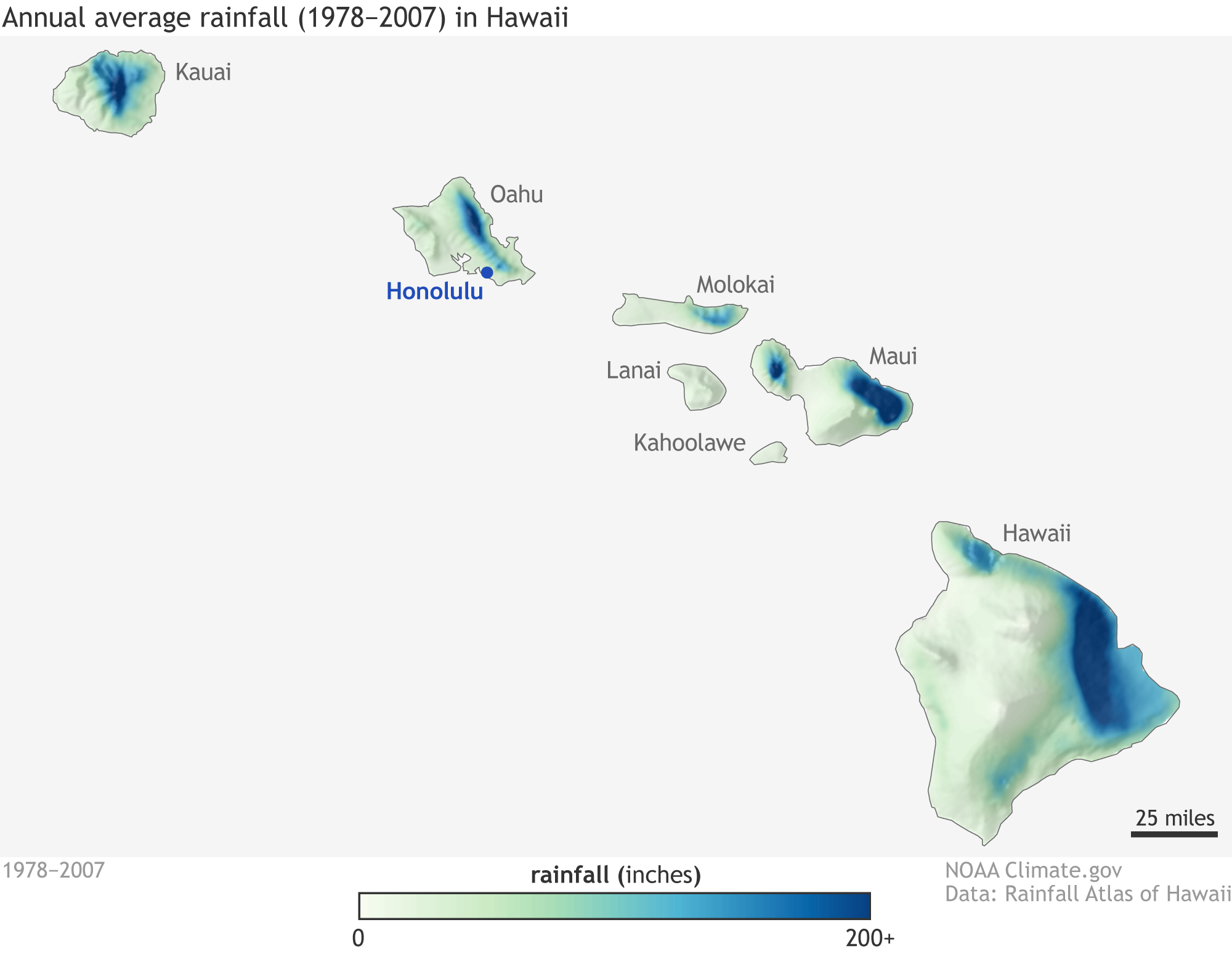 Map of annual total rainfall across Hawaiian Islands