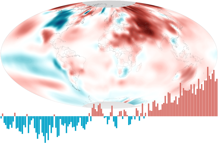 Global map of temperature anomalies in April with a bar graph overlay of April temperature anomalies from 1880 to 2022