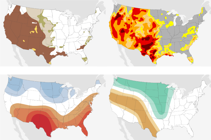 Four panel image of drought outlook, drought monitor, temperature outlook, precipitation outlook for May 2022