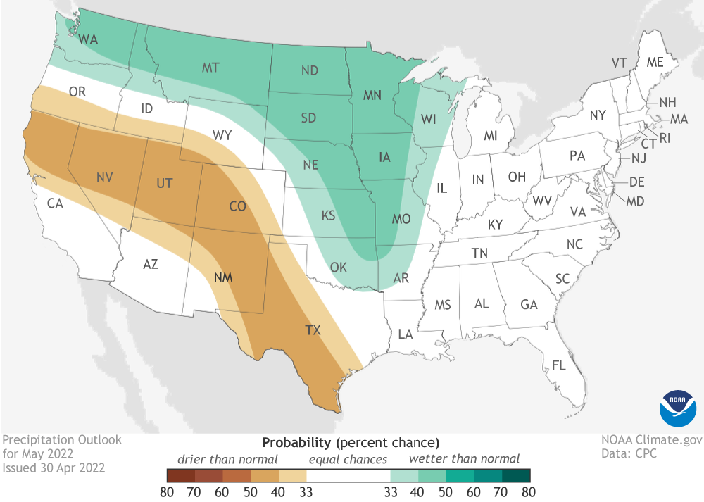 May 2022 precipitation outlook. Greens over northern US indicates a tilt towards a wetter than average month. Browns over parts of the southwest and West indicate odds favor a drier than average month
