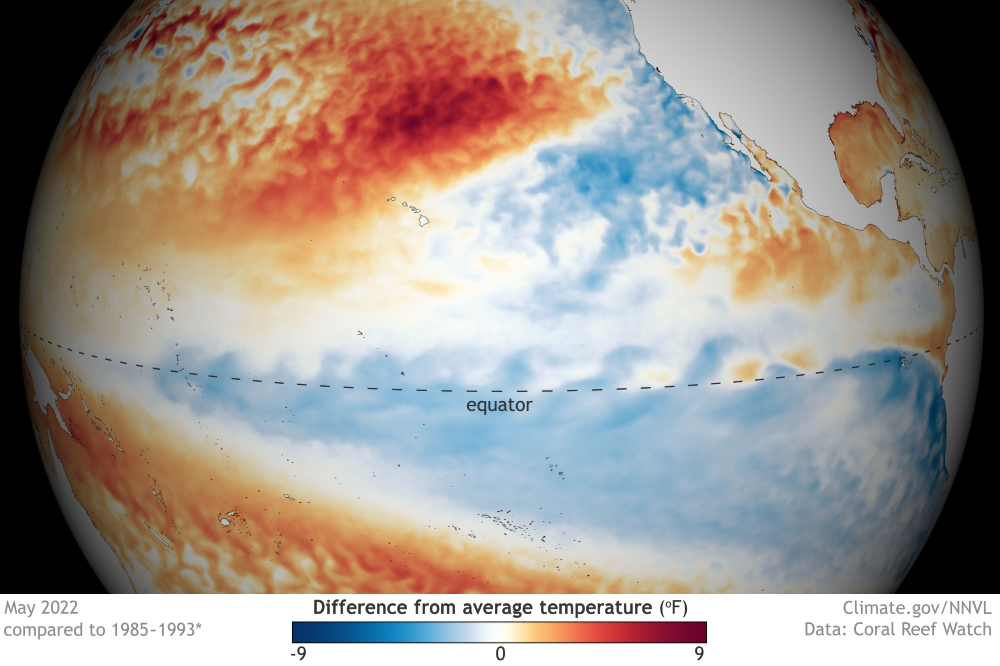 Spherical map of tropical Pacific temperature anomalies in May 2022