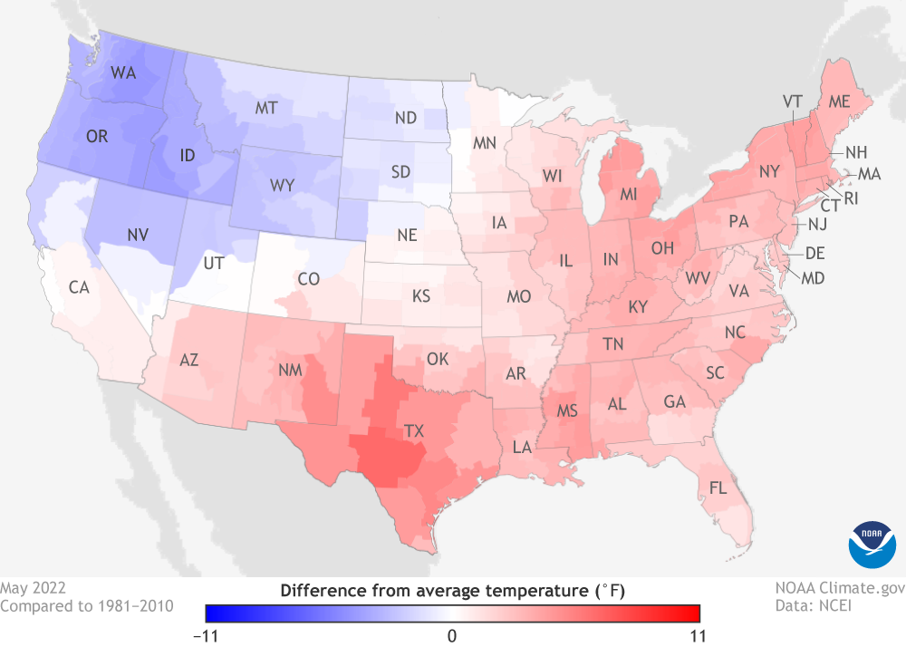 Map of temperature anomalies across the contiguous U.S. in May 2022