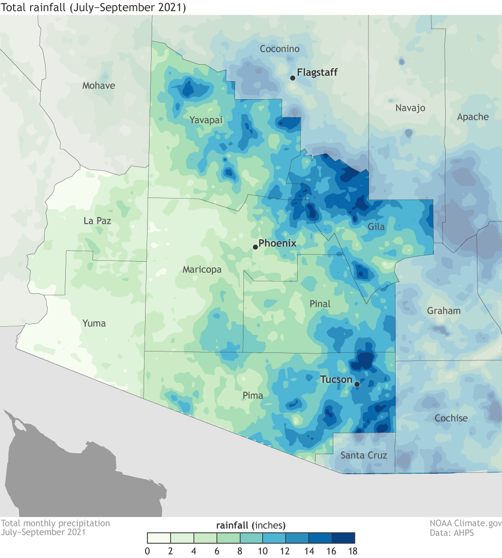 Map of rainfall in summer 2021 in Arizona