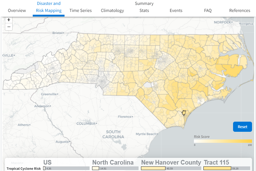 Screenshot of diaster-mapping tool showing NC tropical cycle risks