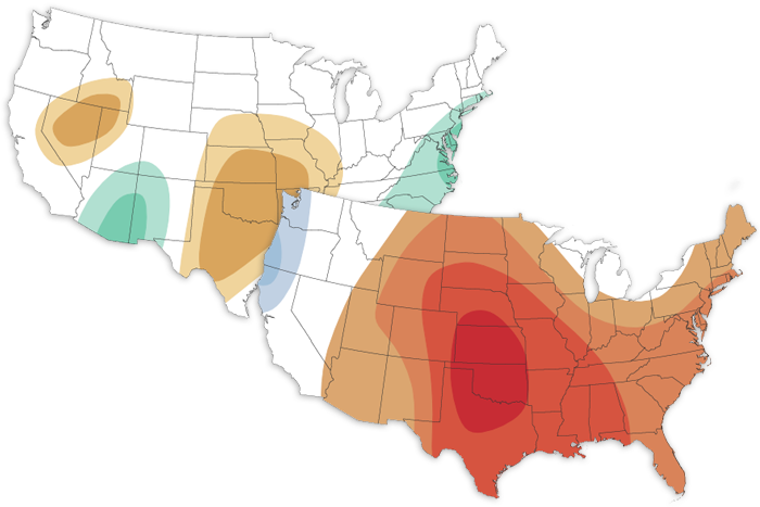 July 2022 precipitation outlook for the US. Brown areas in southern plains and Great basin indicate odds favor a drier than average month. Blues over the east coast and Southwest indicate a wetter than average month is favored. Temperature outlook for July shows red over much of the country indicating a warmer than average month is favored. Blues over the Pacific Northwest indicate a cooler than normal month is favored there. 