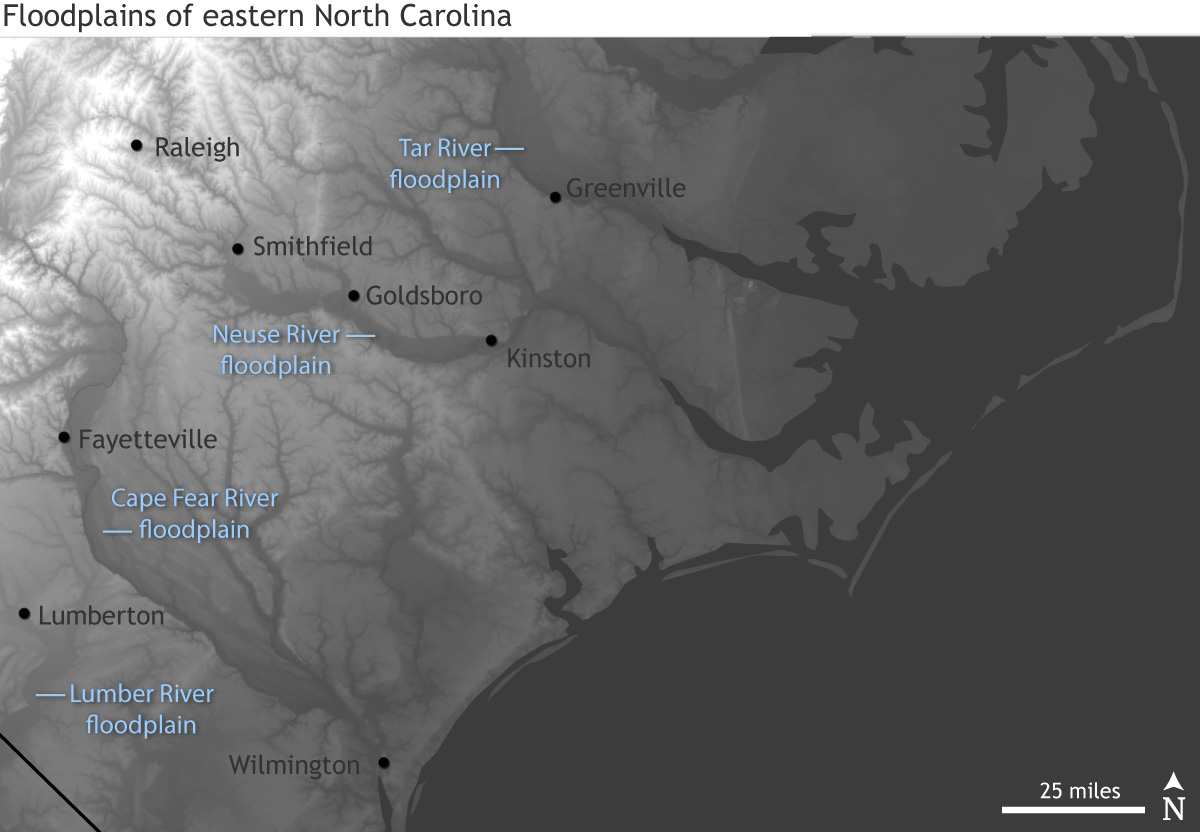 Shaded relief map of eastern North Carolina with floodplains 