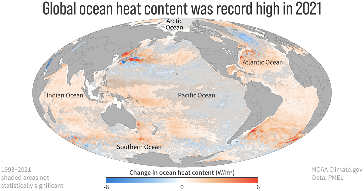 GLobal map showing where the ocean has gained or lost heat over the period 1993-2021