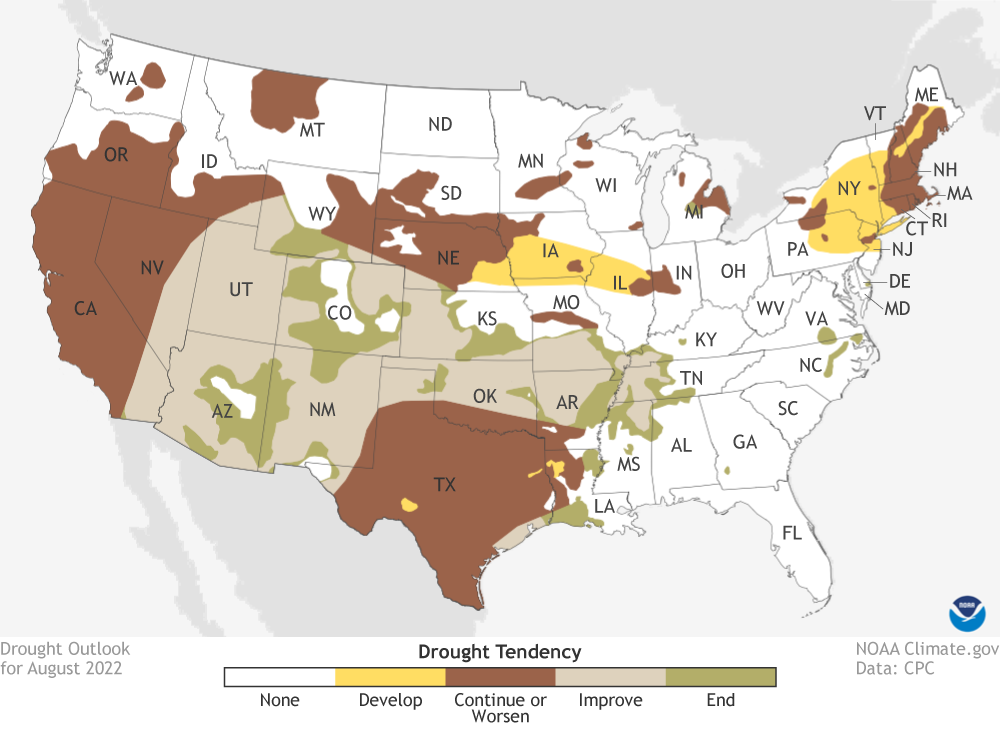 August 2022 drought outlook. Browns out West indicate where drought will persist. Greens over Southwest and Oklahoma indicate where drought will improve or be removed. Yellows over northeast, and Iowa indicate where drought is likely to develop.