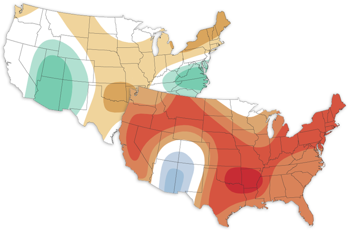 August 2022 climate outlook. Back left precipitation outlook has brown over Great Plains and Northeast indicating drier than average is favored. Blues over Southwest indicate wetter than average conditions favored. Temperature forecast in bottom left has red over much of country indicating a hotter than average month is favored while blue over Southwest indicates where cooler than average temperatures are favored.