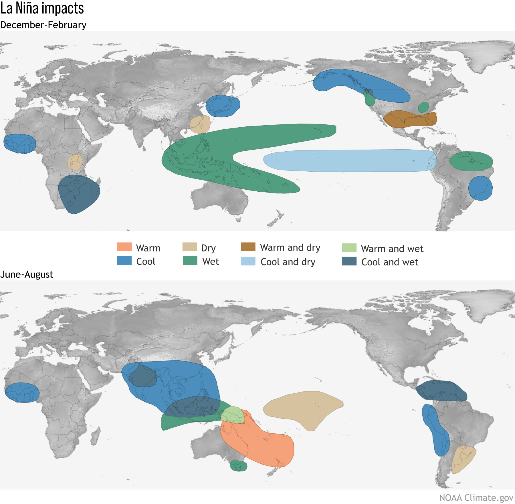 Global maps showing the Dec-Feb (top) and June-Aug (bottom)climate patterns during La Niña 