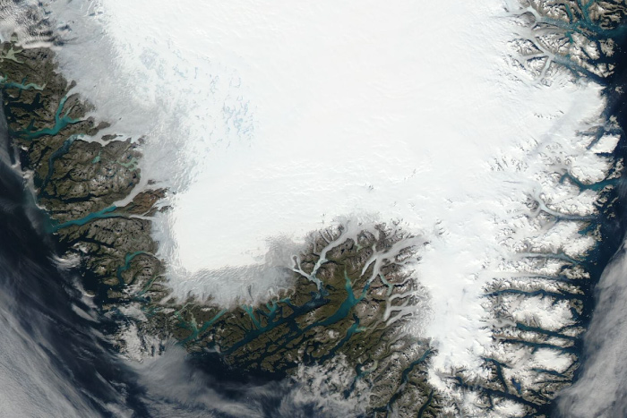 Satellite image of southern Greenland showing bare ice and melt water