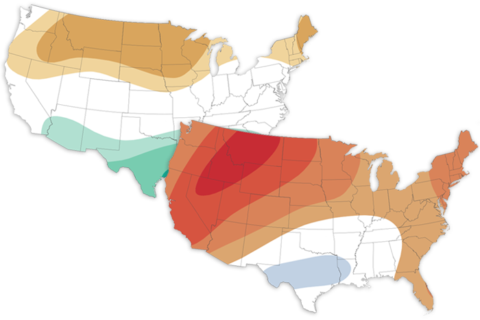 Background image is September 2022 precipitation outlook. Browns over northern tier indicate elevated chances for below-average monthly precipitation. Blues over southern tier indicate elevated chances for wetter-than-average conditions. Front image is September 2022 temperature outlook. Reds over much of the country indicate above-average temperatures are favored. Blue over Texas indicates where below-average temperatures are favored.
