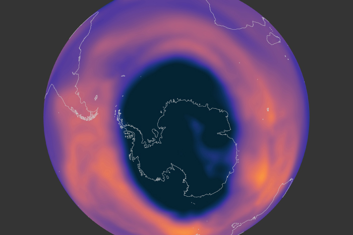 Globe-style map of ozone concentrations showing ozone hold over Antarctica