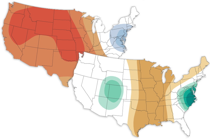 October 2022 temperature and precipitation outlooks. Reds in temperature outlook over most of country refer to above-average temperatures forecast. Browns over central US indicate below-average precipitation outlook. Blues over Mid-atlantic and Front Range indicate a wetter than average month is forecast.
