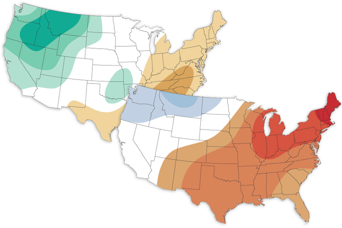 November 2022 climate outlook. Precipitation outlook: Blues in northwest indicate where precipitation is expected to be above-average. Browns over the eastern US refers to drier than average expected. Temperature outlook: Reds over central and eastern US indicate where warmer than average conditions are favored. Blues over northwest indicate where cooler than average temperatures are expected.