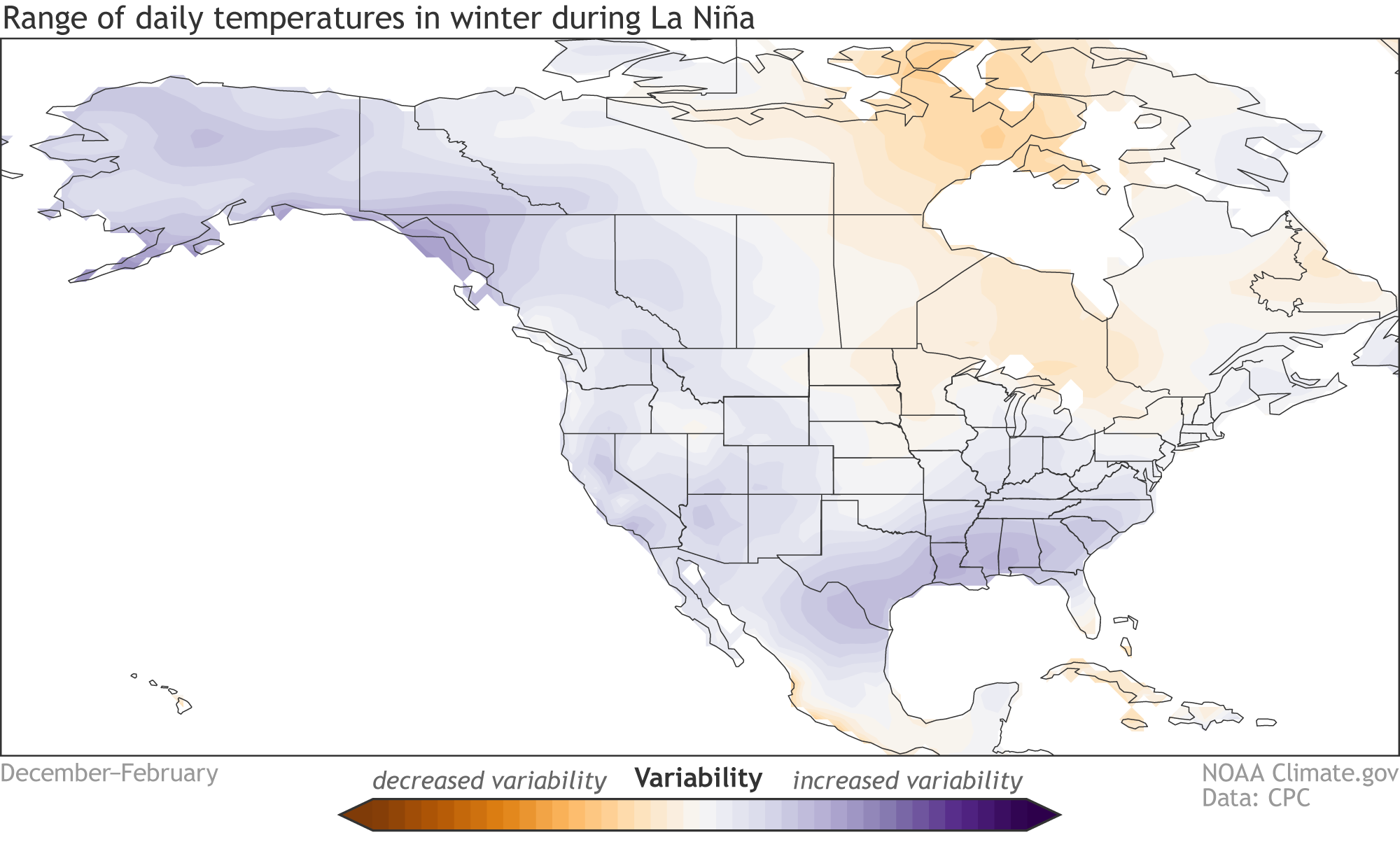 Map showing the change in daily temperature variability during La Niña