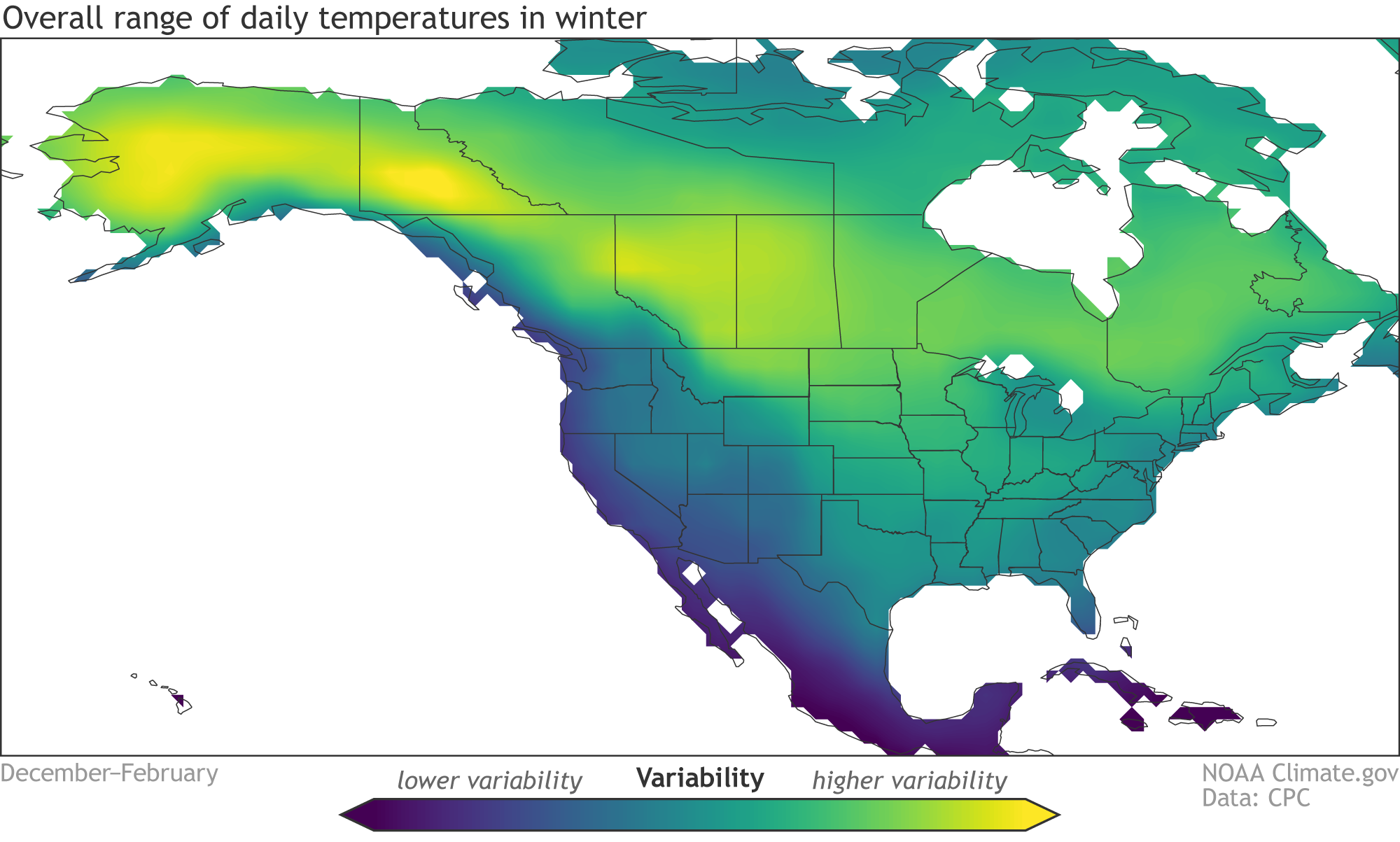 Map showing the average range of daily temperatures during winter