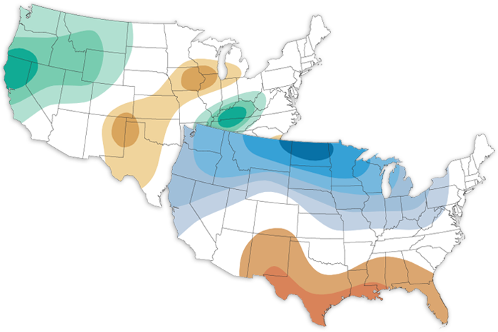 The December 2022 Climate outlook. Precipitation outlook in back has blues indicating above-average precipitation is favored for the west. Browns over central US indicate where below-average precipitation is forecast. Temperature outlook in front has blues over northern US indicating where below-average temperatures are favored. Reds over southern US indicate where temperatures are favored to be above-average.
