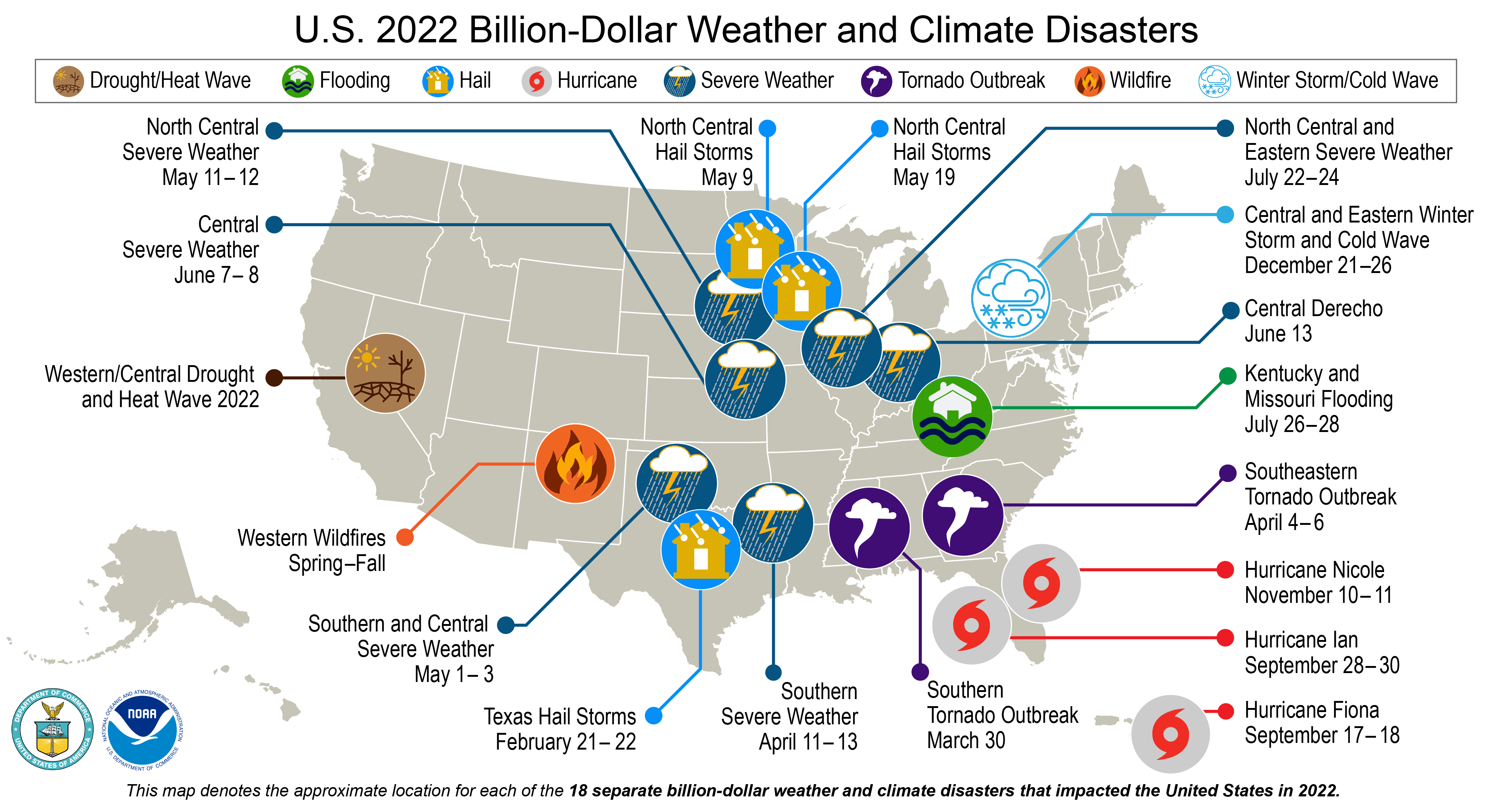 U.S. map with icons showing location and type of billion-dollar disasters in 2022