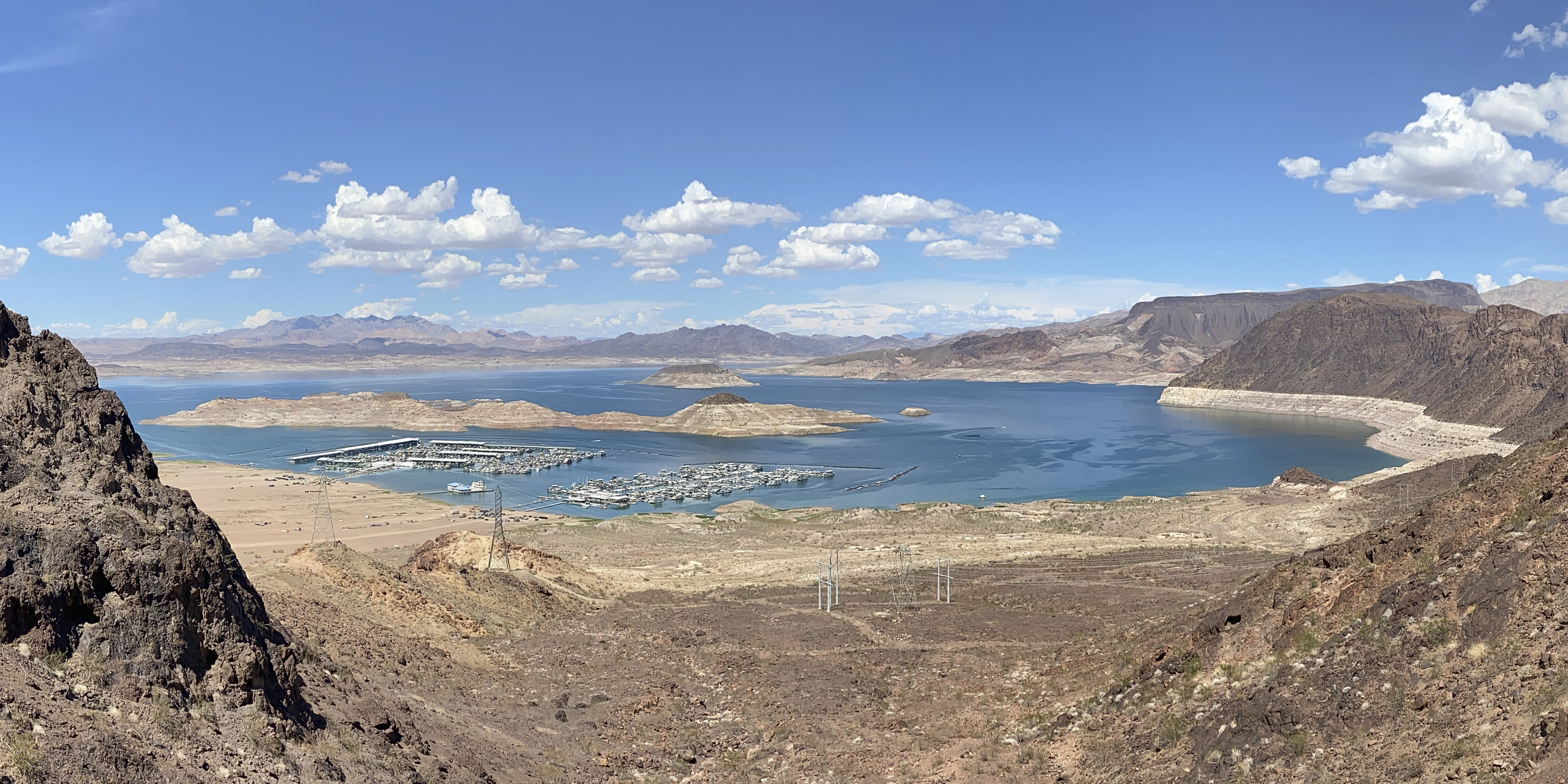 Panoramic photo of Lake Mead during drought