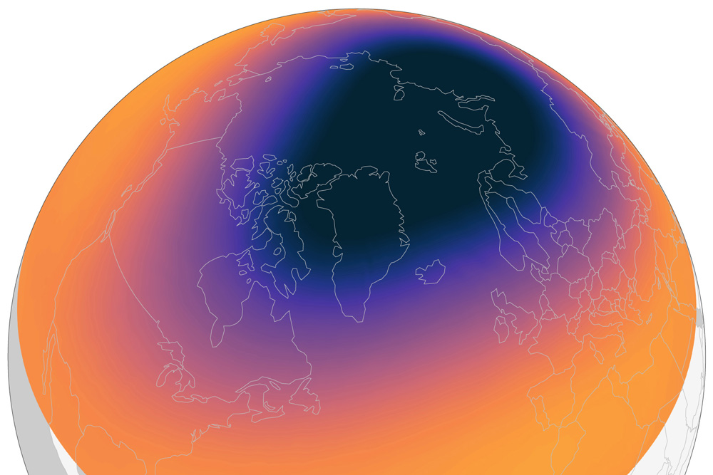Globe-style map of Northern Hemisphere polar vortex in January 2023