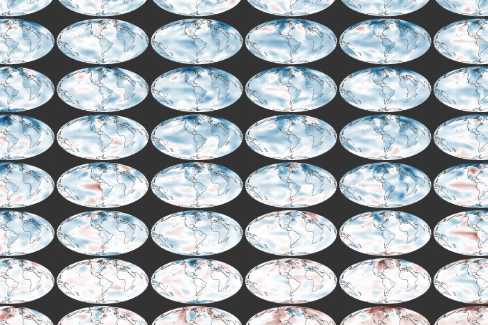 Multiple rows of small global maps of temperature