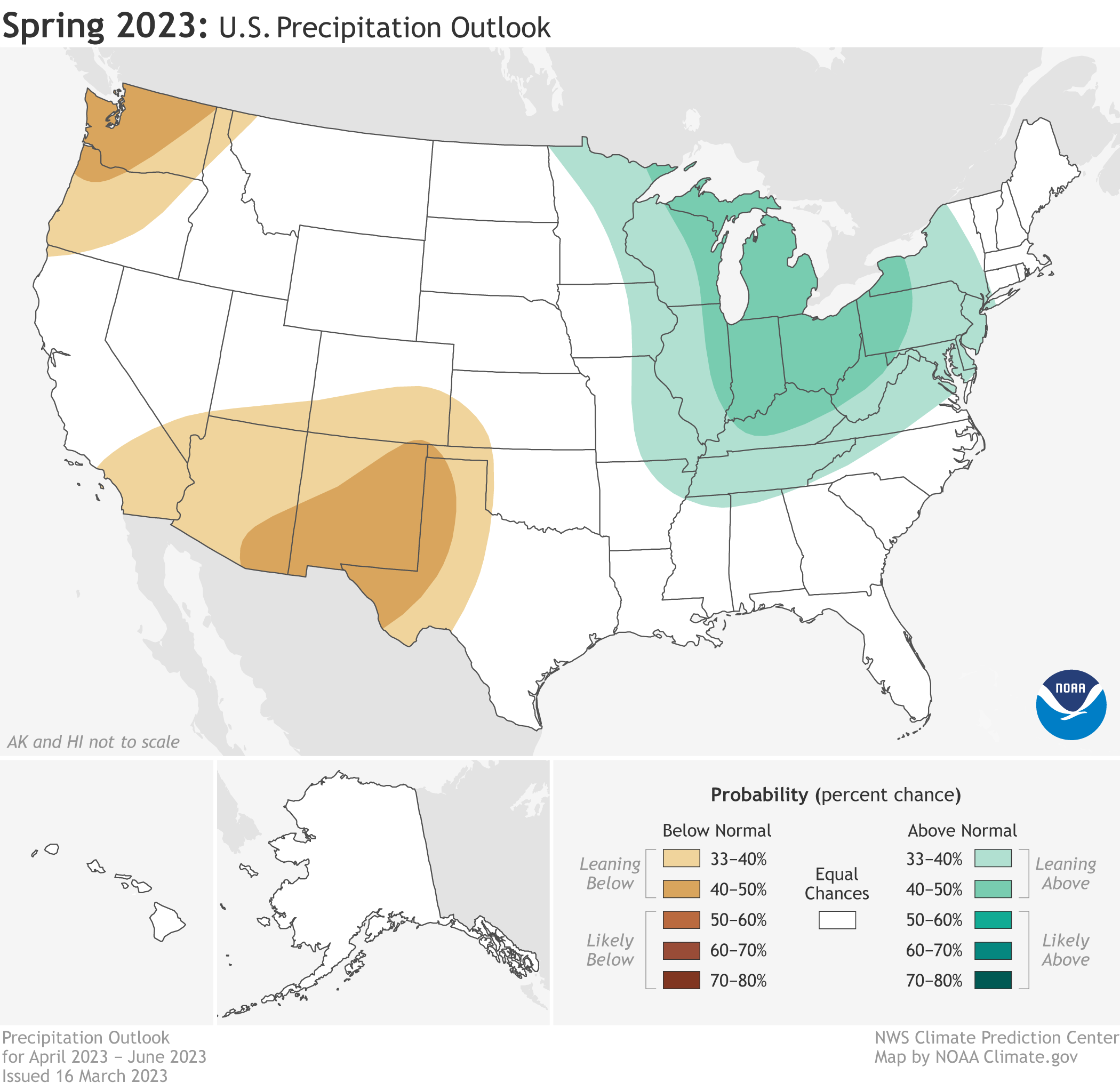 Map of United States showing locations and probability of much wetter than usual or drier than usual conditions in spring 2023