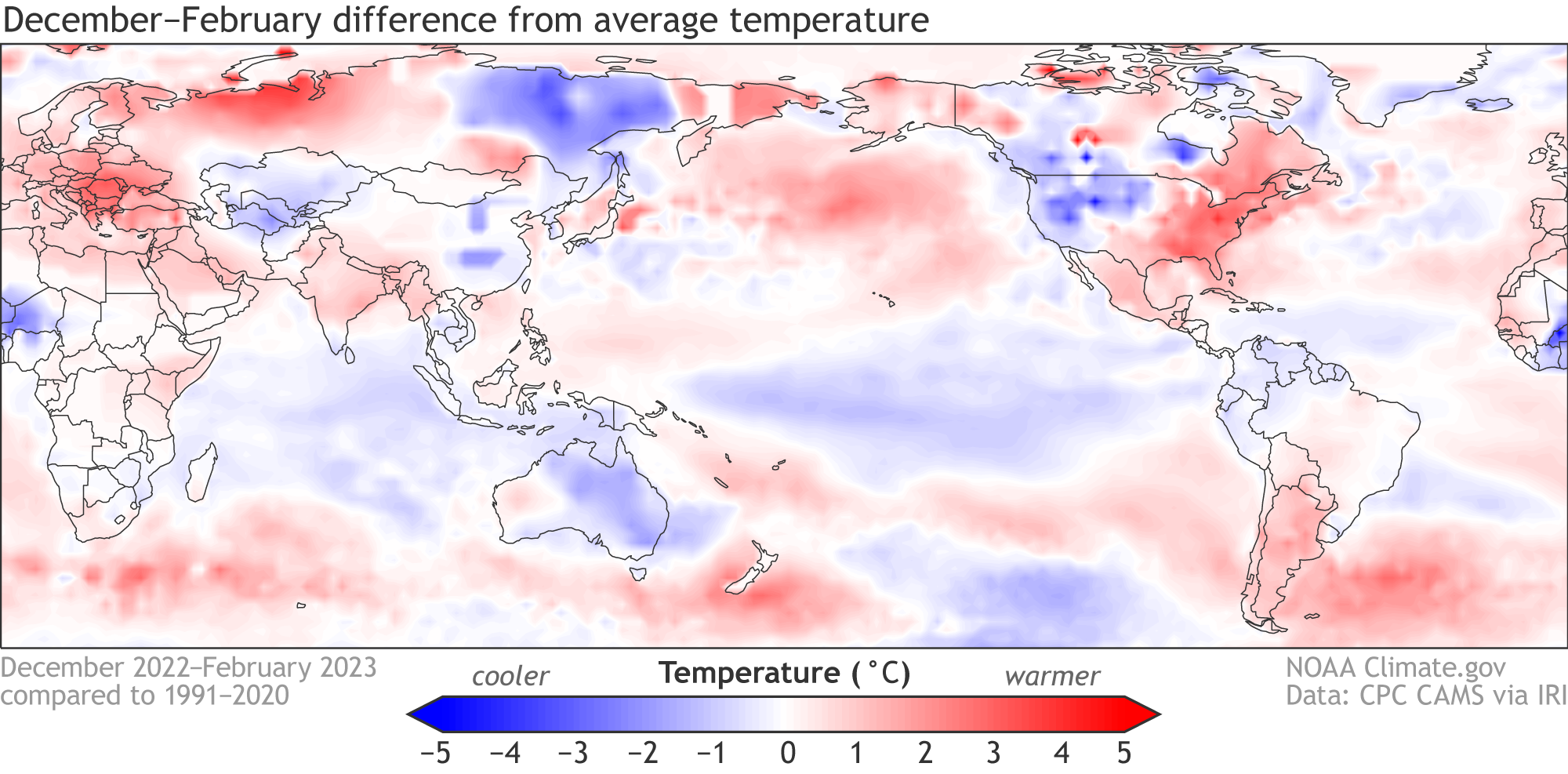 map showing global temperature patterns in winter 2022-23