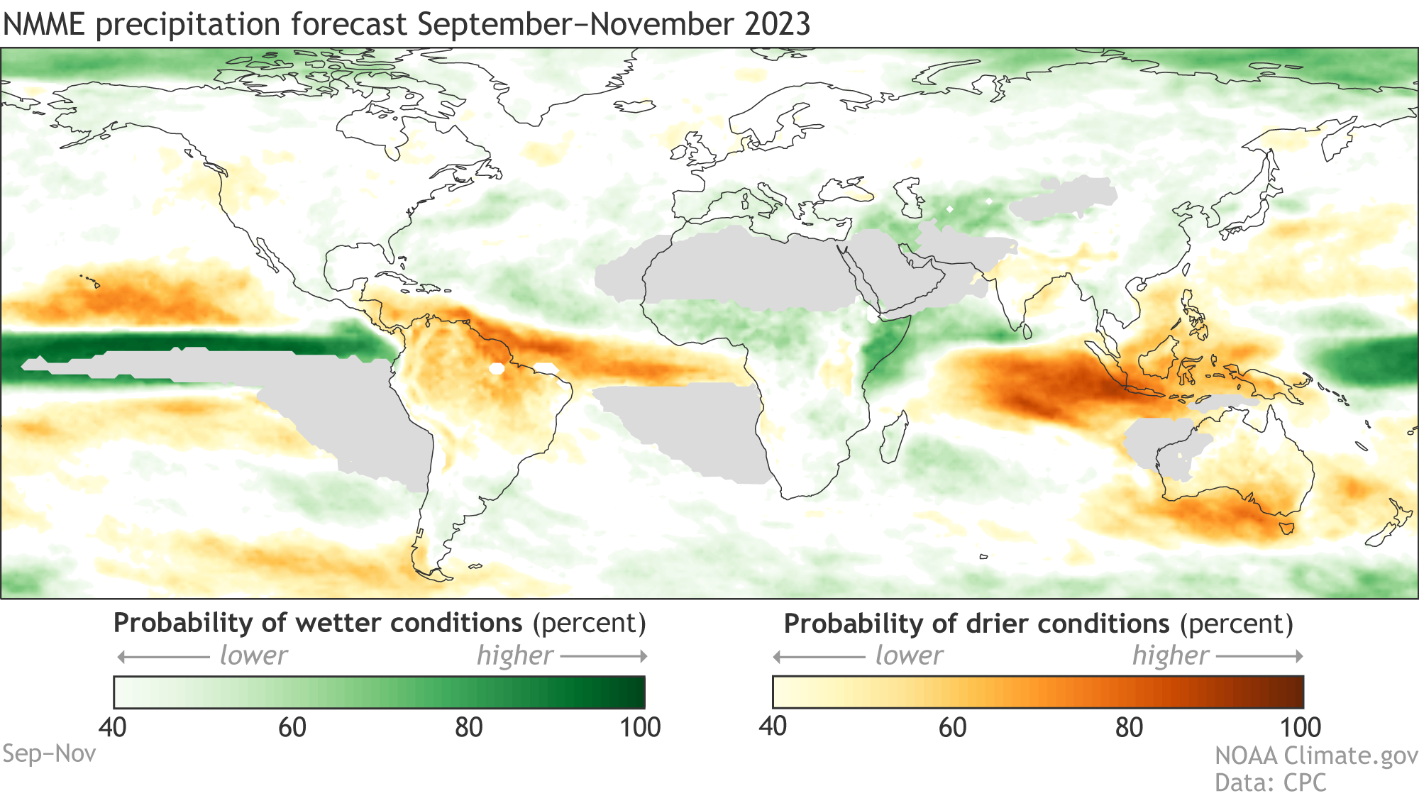 global map of predicted fall 2023 precipitation patterns