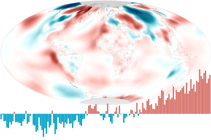 Global map of April 2023 temperature patterns with time series of April temperatures since 1880