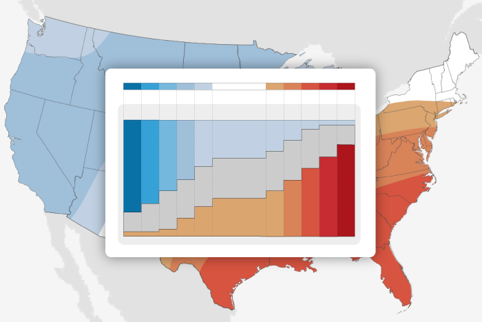 US temperature outlook map with overlay of probability table