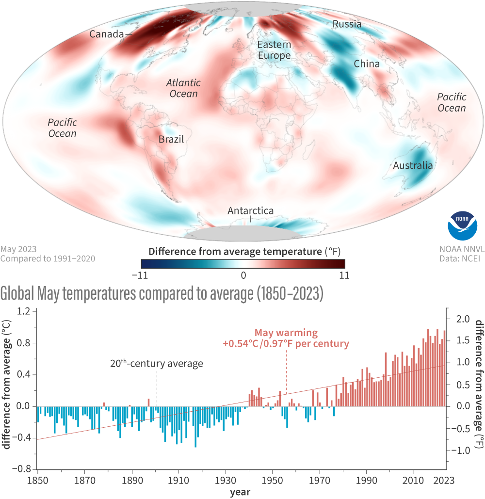 COmbo image of a map of May 2023 temperature anomalies and a graph of May temperature anomalies since 1850