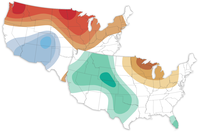 Two overlapping maps of the U.S. showing forecasted temperatures and precipitation for June 2023
