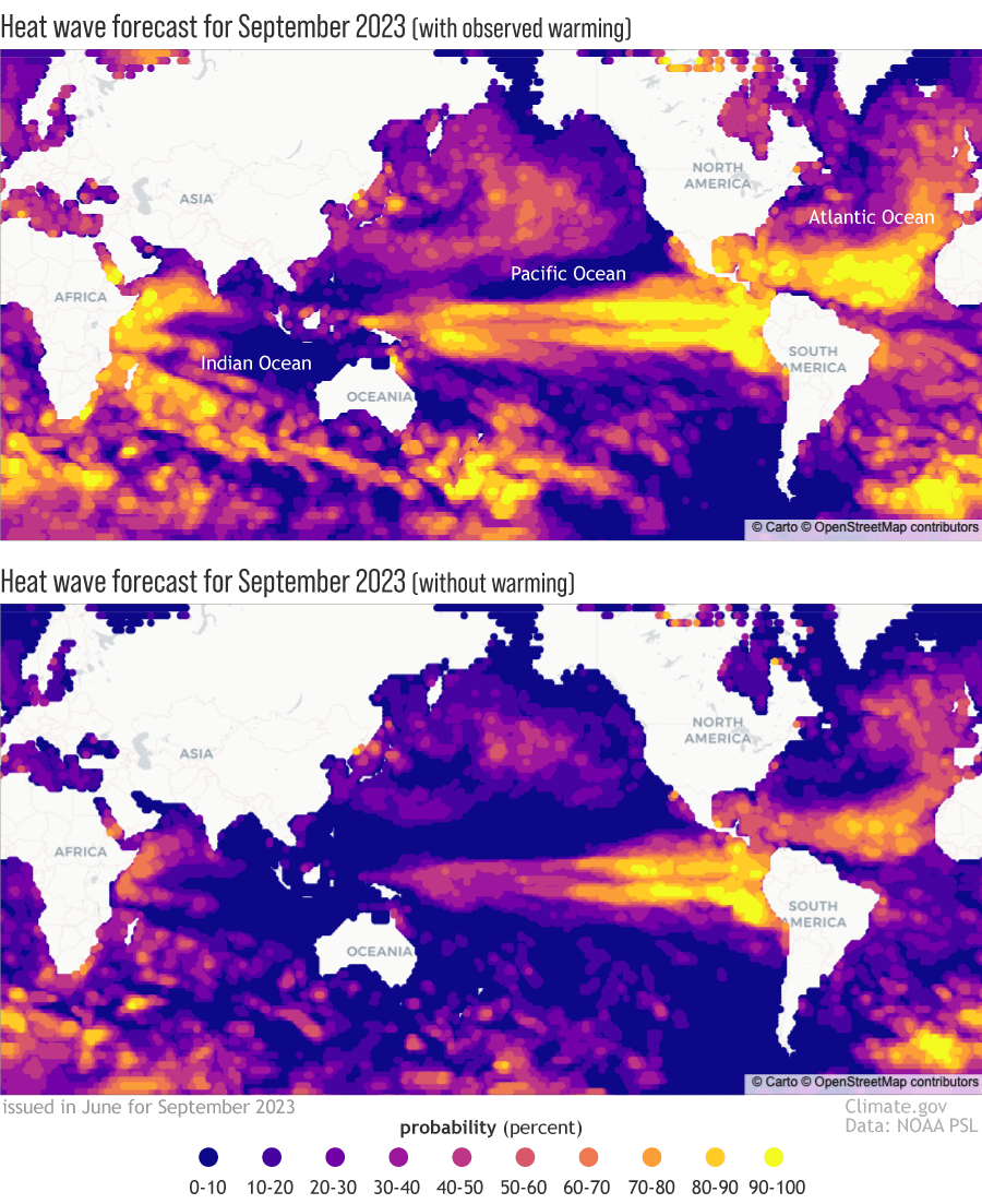 Ocean warming since 1991 doubles the size of the marine heat wave forecasted for September 2023