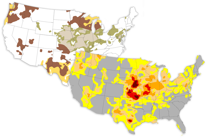 Two small maps of the U.S. showing drought conditions and the July forecast