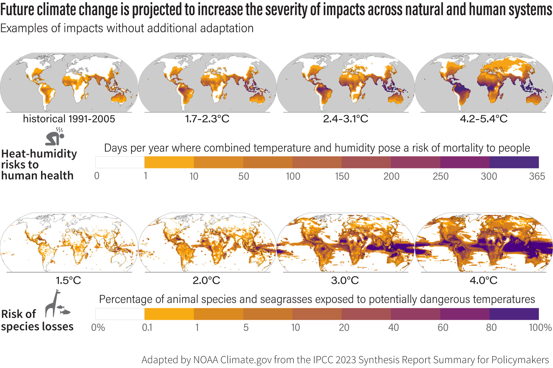 Global maps show heat health and biodiversity impacts of different amounts of future warming
