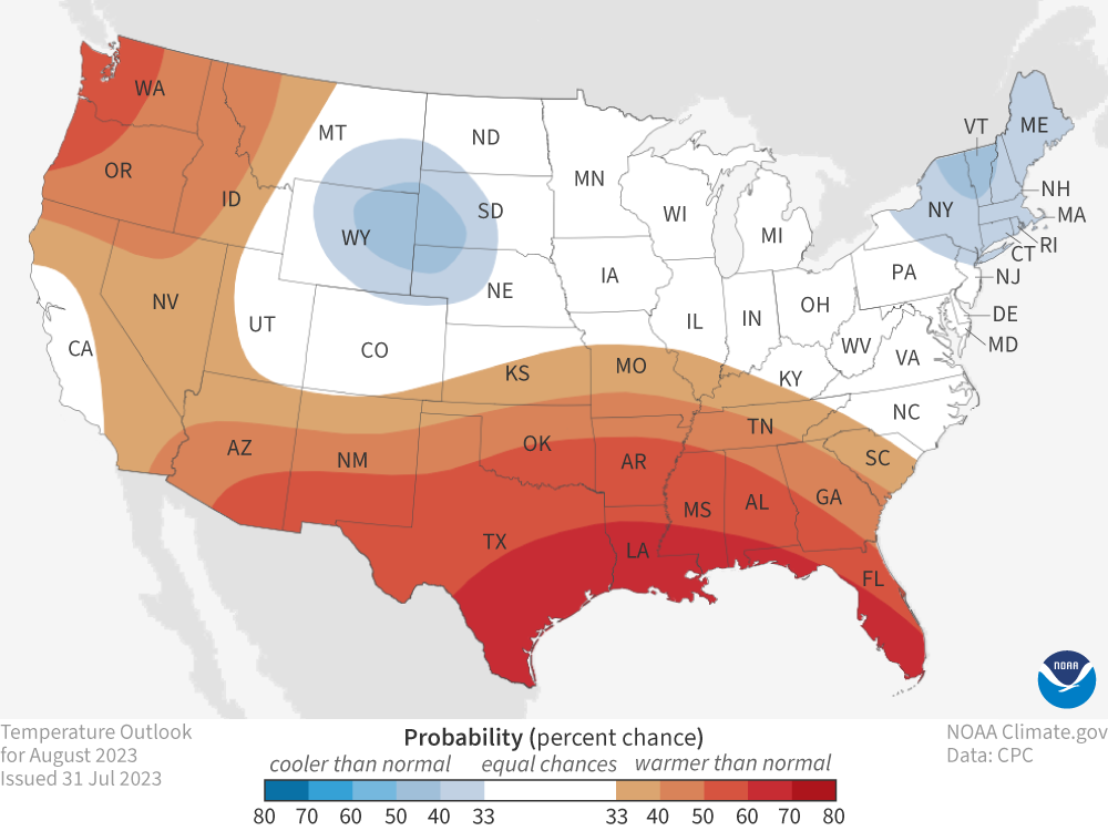 Temperature outlook map for August 2023