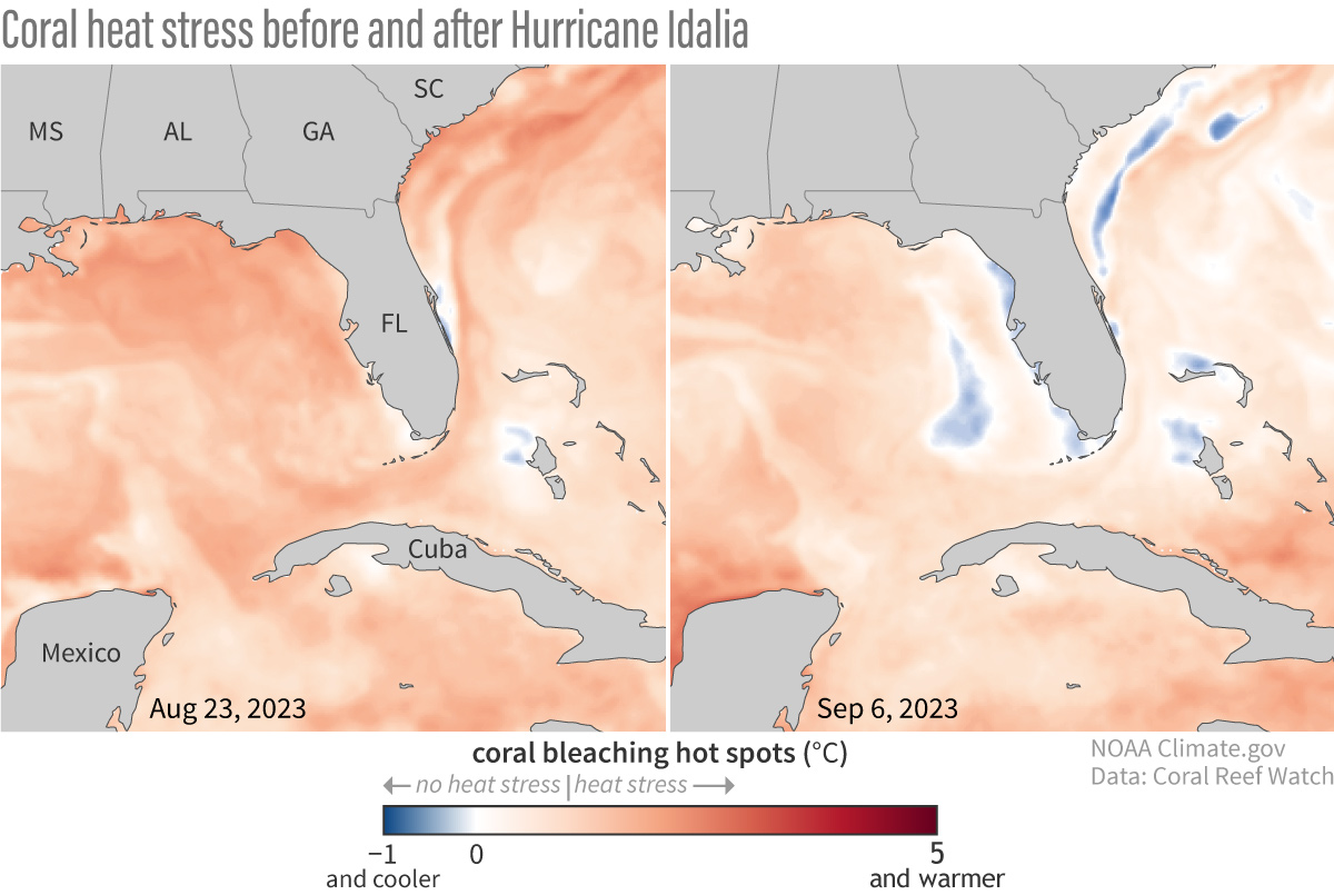 Coral bleaching hot spots before and after Hurricane Idalia