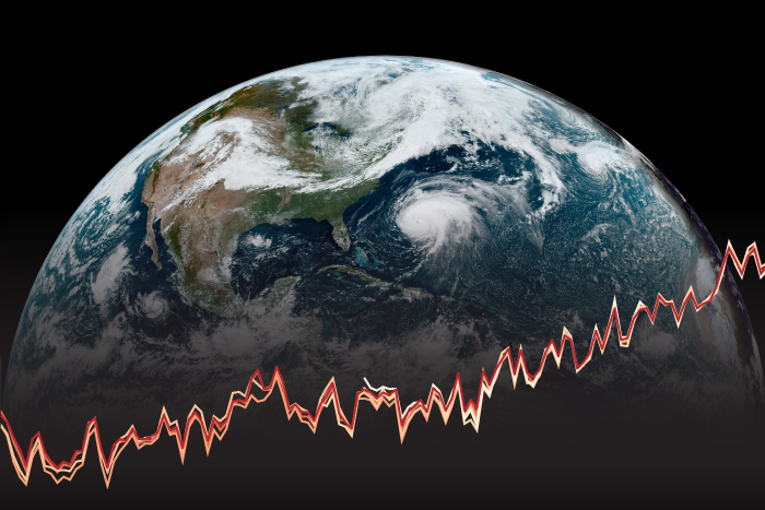 Earth satellite image with temperature graph overlay 