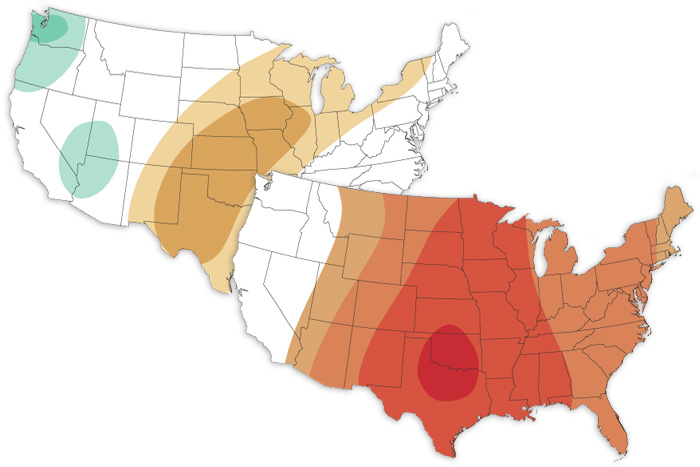 Pair of small U.S. maps showing the September temperature and precipitation outlooks